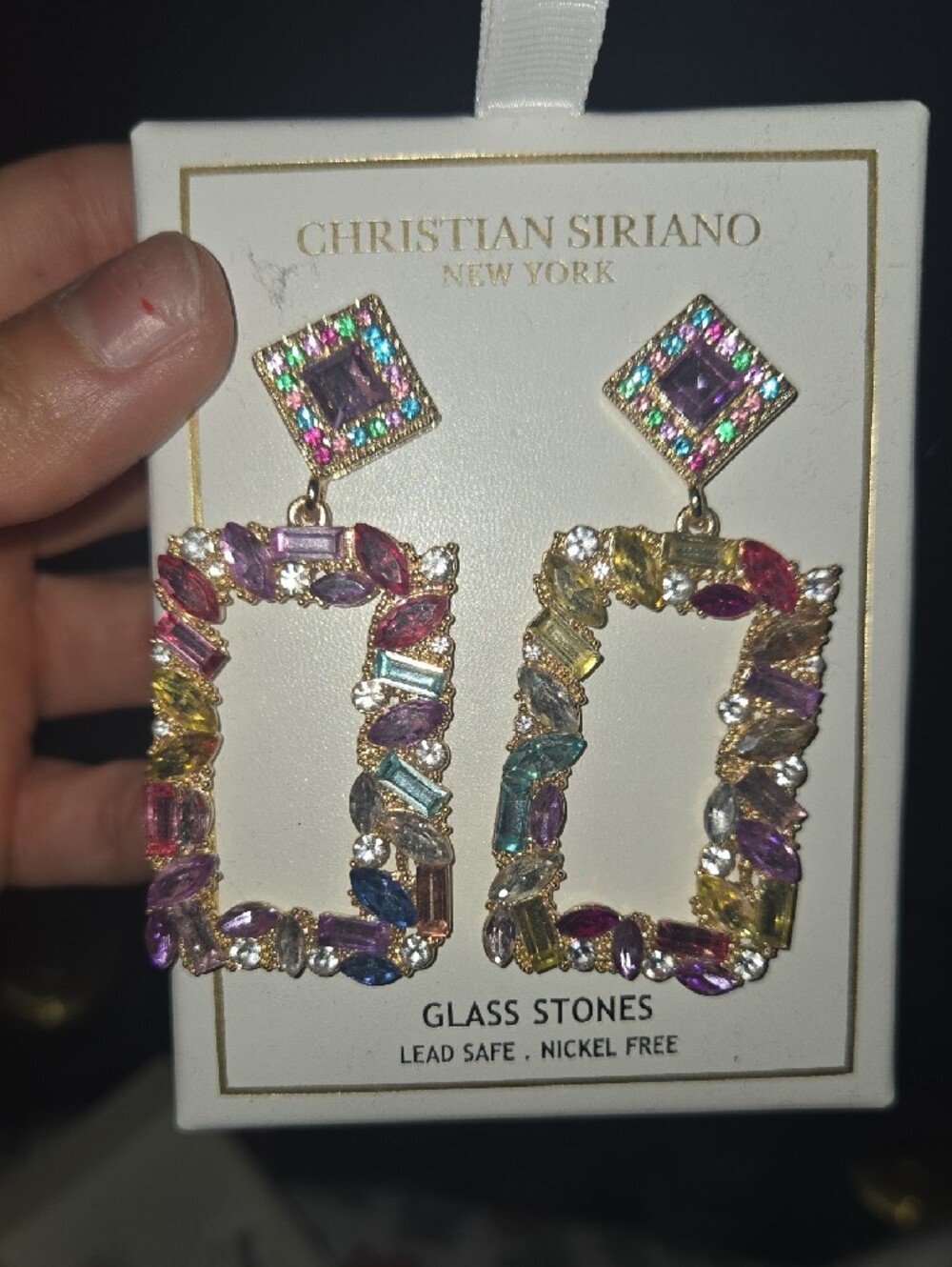 Christian Siriano Gold Multicolor Glass Stone Rectangle Drop Earrings - Picture 6 of 6